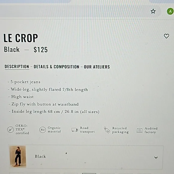 Like New Le Crop Sezane Jeans, Black, Size 2 (34 European size) - Picture 6 of 6